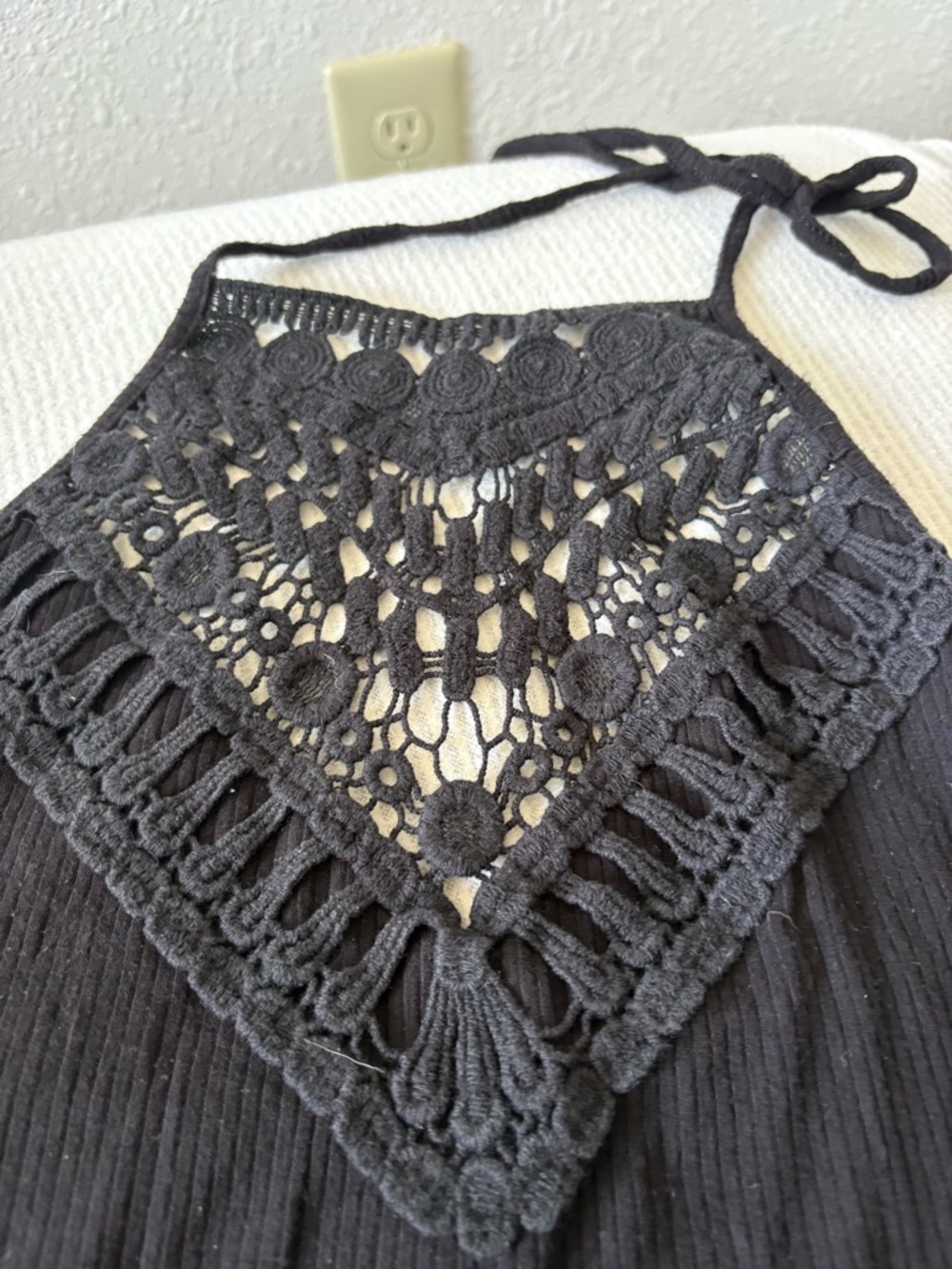 Mudd Black Crochet Halter with Fringe Accent